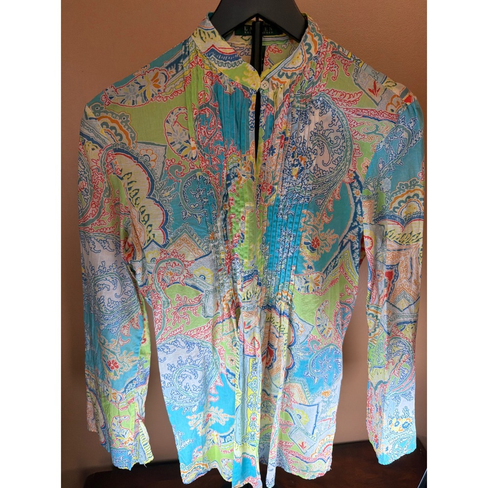 Lauren Ralph Lauren Paisley Pintuck Pleated Cotton Blouse Blue Green‎ Yellow M